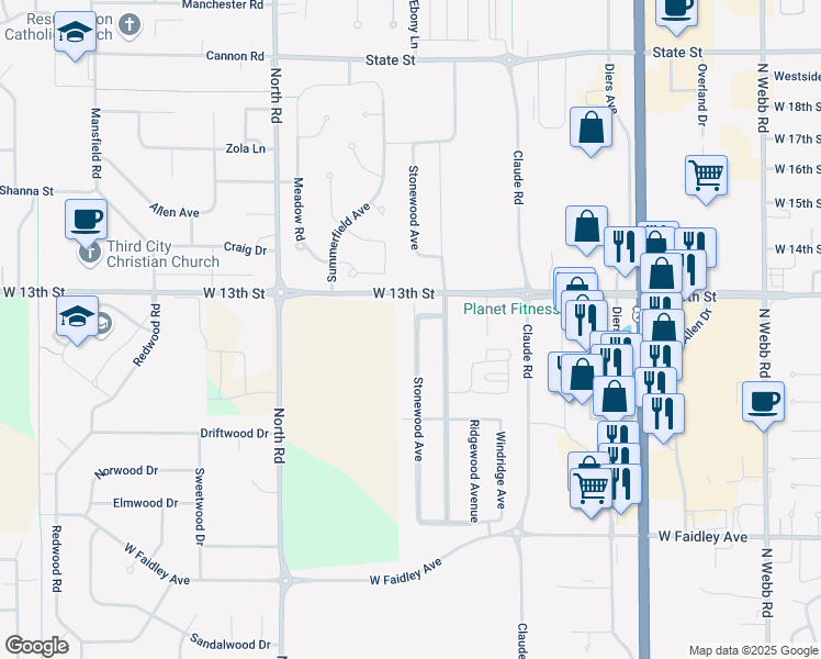 map of restaurants, bars, coffee shops, grocery stores, and more near 1202 Stonewood Avenue in Grand Island