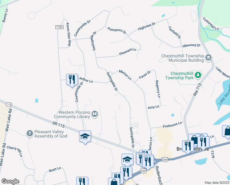 map of restaurants, bars, coffee shops, grocery stores, and more near 104 Farm Court in Brodheadsville