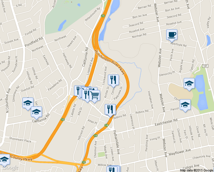 map of restaurants, bars, coffee shops, grocery stores, and more near 53 Archer Drive in Bronxville