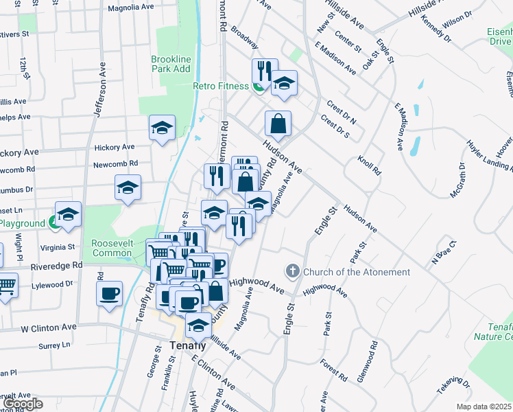 map of restaurants, bars, coffee shops, grocery stores, and more near 194 County Road in Tenafly