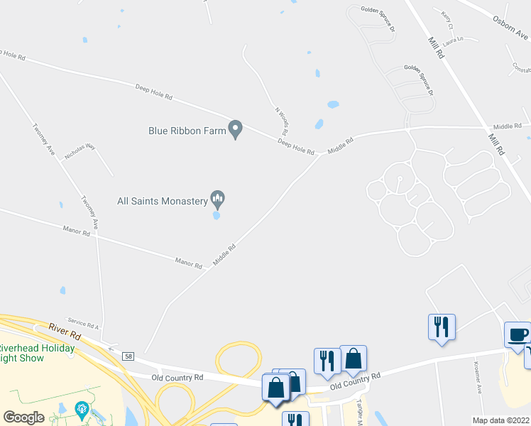 map of restaurants, bars, coffee shops, grocery stores, and more near 1652 Middle Road in Calverton