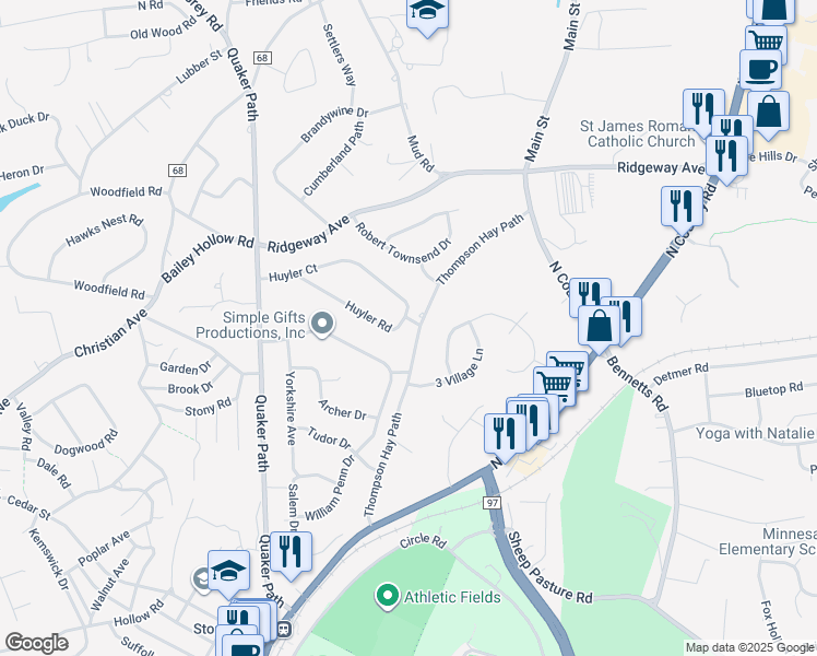 map of restaurants, bars, coffee shops, grocery stores, and more near 25 Huyler Road in Setauket- East Setauket