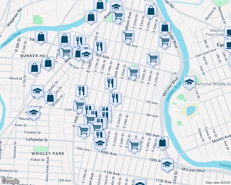 map of restaurants, bars, coffee shops, grocery stores, and more near 147 7th Avenue in Paterson