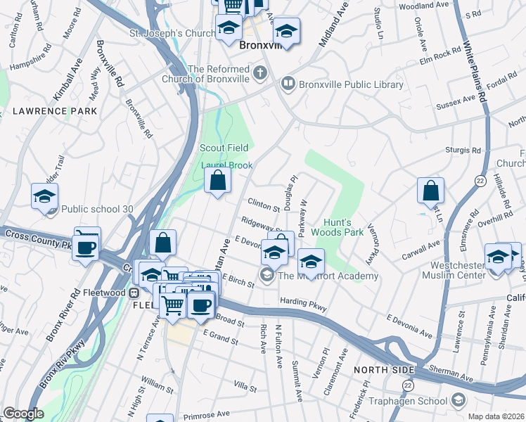 map of restaurants, bars, coffee shops, grocery stores, and more near 48 Clinton Street in Mount Vernon