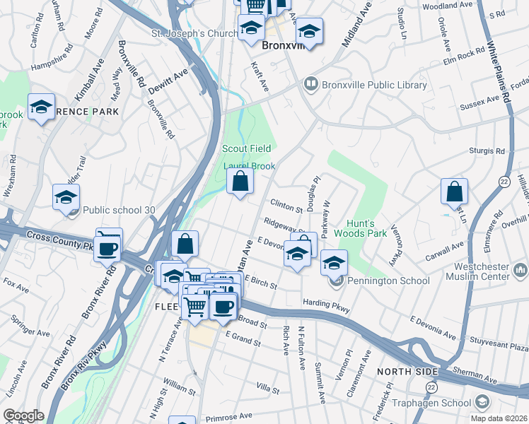 map of restaurants, bars, coffee shops, grocery stores, and more near 743 Gramatan Avenue in Mount Vernon