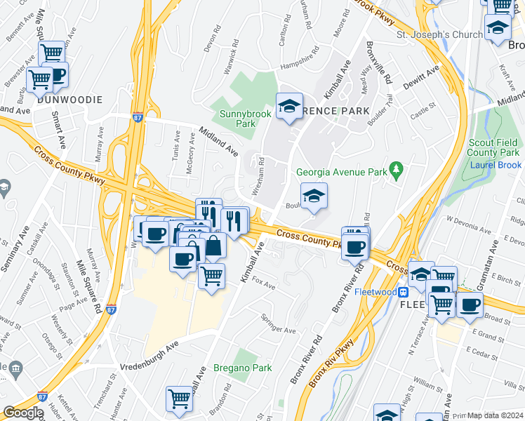 map of restaurants, bars, coffee shops, grocery stores, and more near in Yonkers