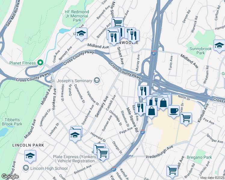 map of restaurants, bars, coffee shops, grocery stores, and more near 720 Mile Square Road in Yonkers