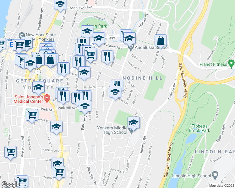 map of restaurants, bars, coffee shops, grocery stores, and more near 55 Van Cortlandt Park Avenue in Yonkers