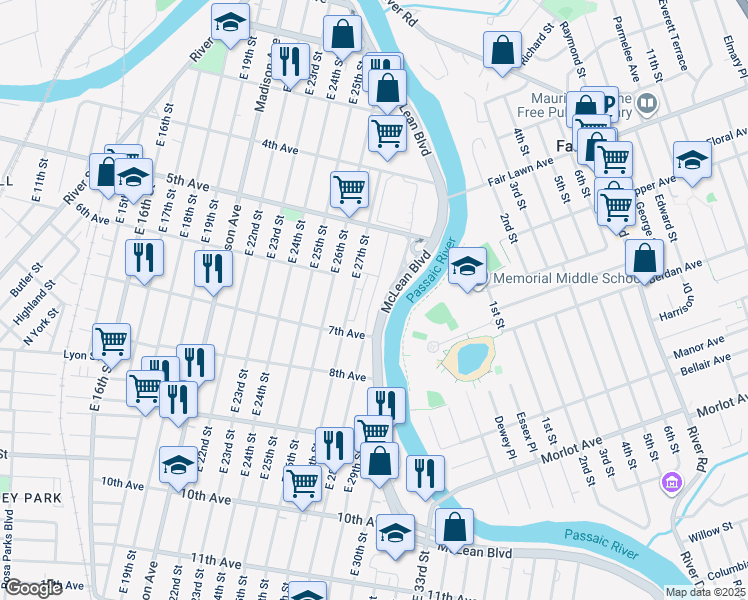 map of restaurants, bars, coffee shops, grocery stores, and more near 23 Alois Place in Paterson