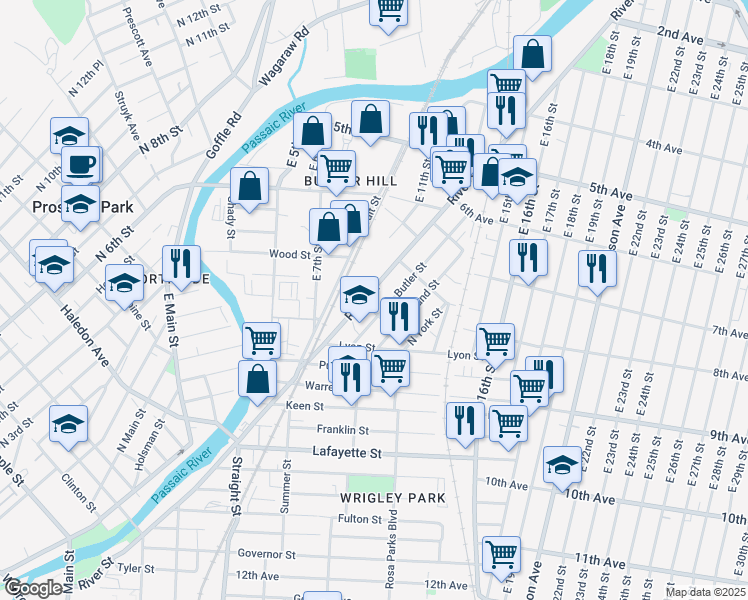 map of restaurants, bars, coffee shops, grocery stores, and more near 468 River Street in Paterson