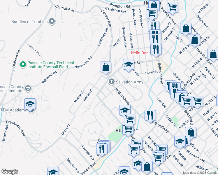 map of restaurants, bars, coffee shops, grocery stores, and more near 446 Kearney Street in Paterson