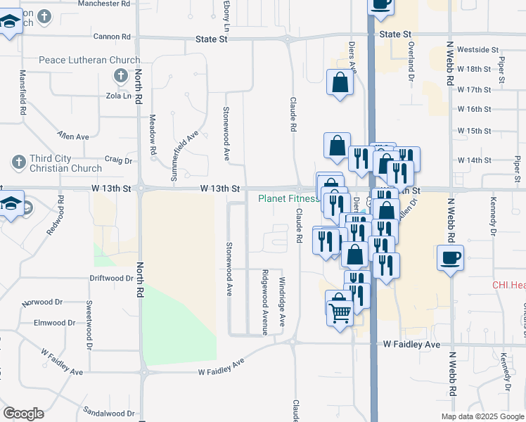 map of restaurants, bars, coffee shops, grocery stores, and more near 1204 Cedar Ridge Court in Grand Island