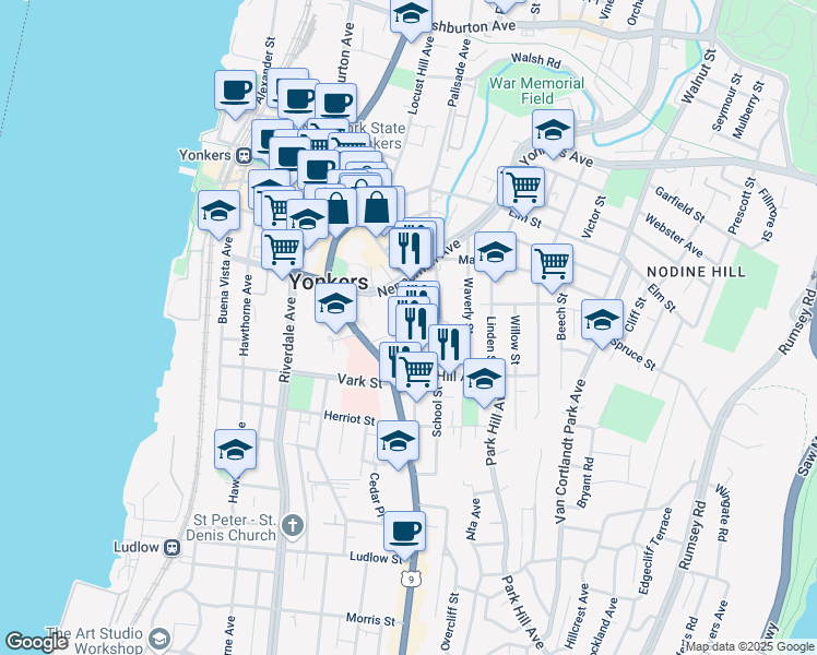 map of restaurants, bars, coffee shops, grocery stores, and more near 237 New Main Street in Yonkers