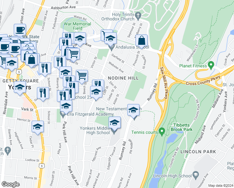 map of restaurants, bars, coffee shops, grocery stores, and more near 7 Alder Street in Yonkers