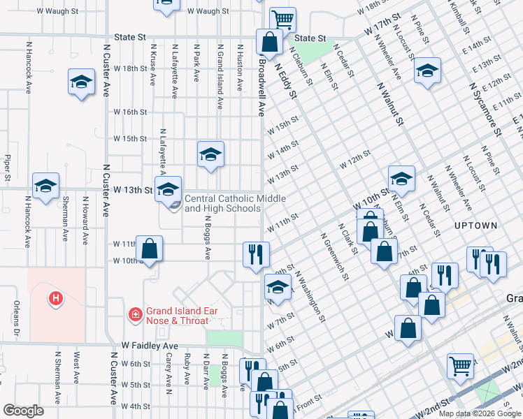 map of restaurants, bars, coffee shops, grocery stores, and more near 1801 West 12th Street in Grand Island