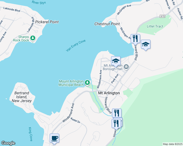 map of restaurants, bars, coffee shops, grocery stores, and more near 33 Windemere Avenue in Mount Arlington