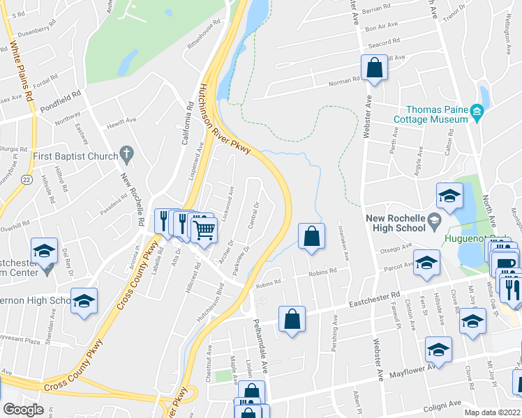 map of restaurants, bars, coffee shops, grocery stores, and more near 34 Central Drive in Bronxville