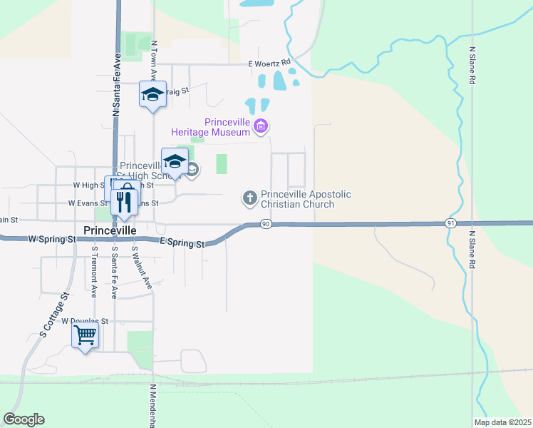 map of restaurants, bars, coffee shops, grocery stores, and more near 109 North Ostrom Avenue in Princeville
