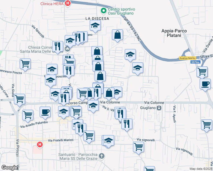 map of restaurants, bars, coffee shops, grocery stores, and more near 18 Via della Torre in Giugliano in Campania