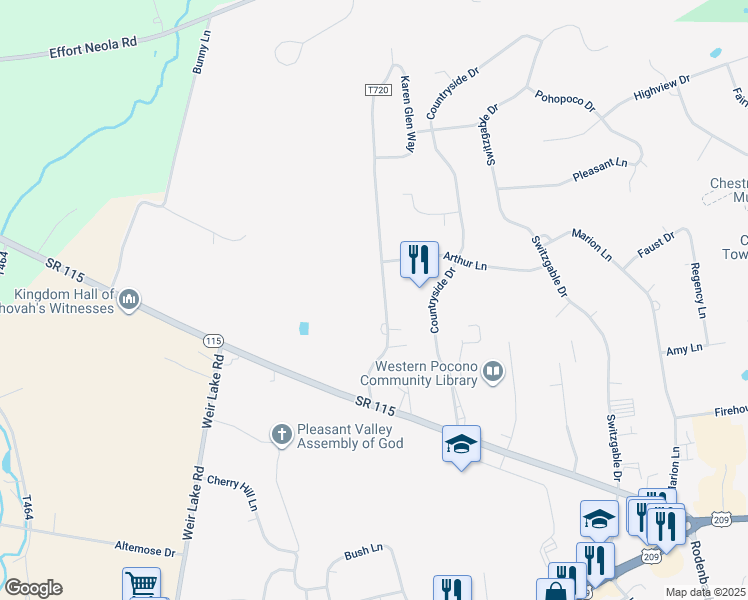 map of restaurants, bars, coffee shops, grocery stores, and more near 149 Shadow Ridge Drive in Brodheadsville
