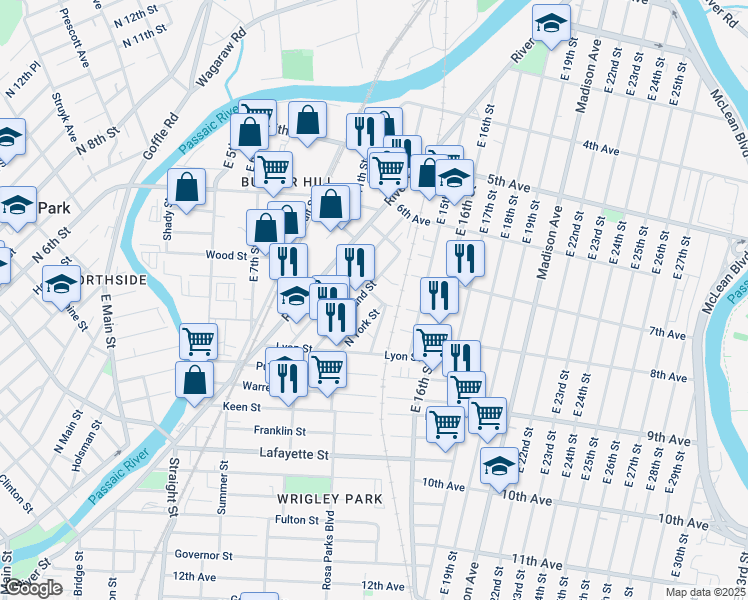 map of restaurants, bars, coffee shops, grocery stores, and more near 52 Sassafras Street in Paterson
