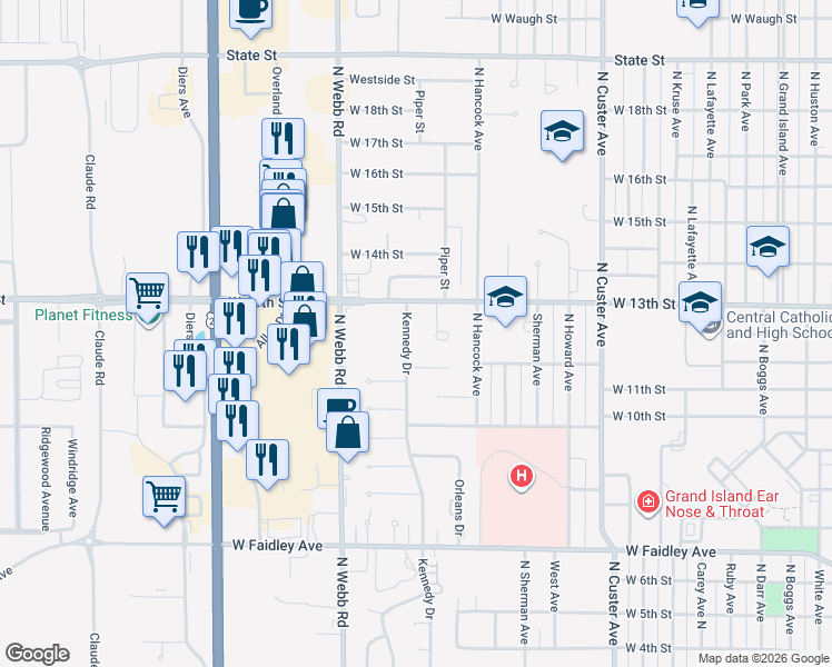 map of restaurants, bars, coffee shops, grocery stores, and more near 1159-1299 Kennedy Drive in Grand Island