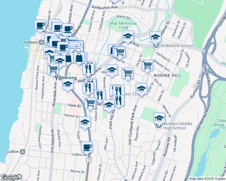 map of restaurants, bars, coffee shops, grocery stores, and more near 155 Linden Street in Yonkers