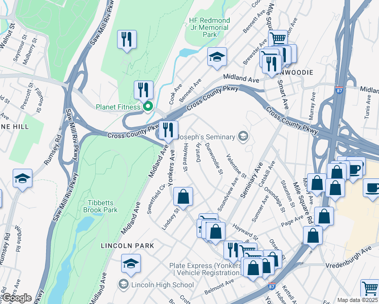 map of restaurants, bars, coffee shops, grocery stores, and more near 66 Hayward Street in Yonkers