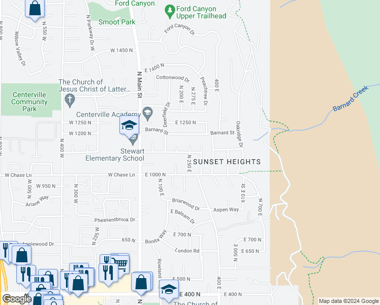 map of restaurants, bars, coffee shops, grocery stores, and more near 257 East 1100 North in Centerville