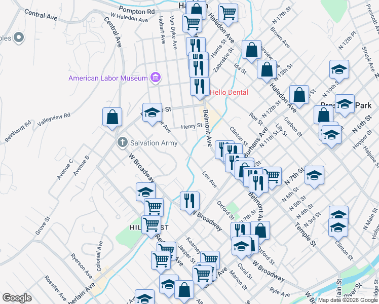 map of restaurants, bars, coffee shops, grocery stores, and more near 90 Lee Avenue in Haledon
