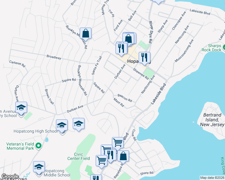 map of restaurants, bars, coffee shops, grocery stores, and more near 45 Mast Road in Hopatcong