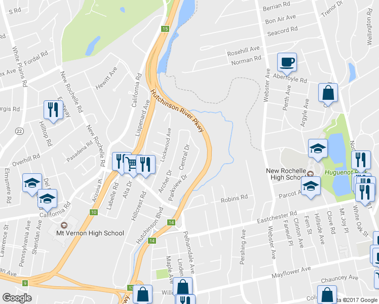 map of restaurants, bars, coffee shops, grocery stores, and more near 34 Central Drive in Bronxville