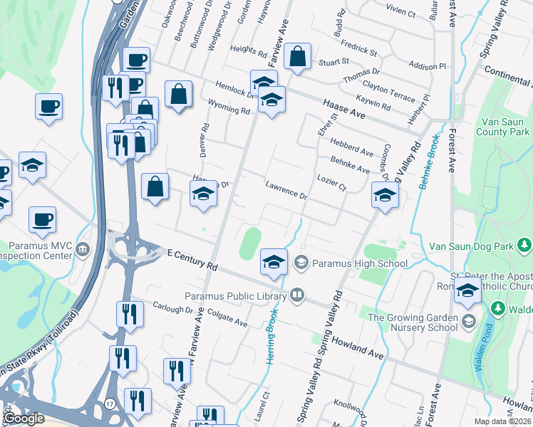 map of restaurants, bars, coffee shops, grocery stores, and more near 166 Halsey Street in Paramus