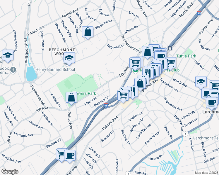 map of restaurants, bars, coffee shops, grocery stores, and more near 10 Valley Place in Larchmont