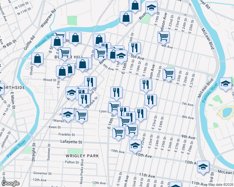 map of restaurants, bars, coffee shops, grocery stores, and more near 210 East 16th Street in Paterson