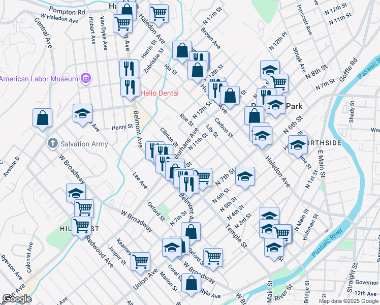 map of restaurants, bars, coffee shops, grocery stores, and more near 274 Clinton Street in Paterson