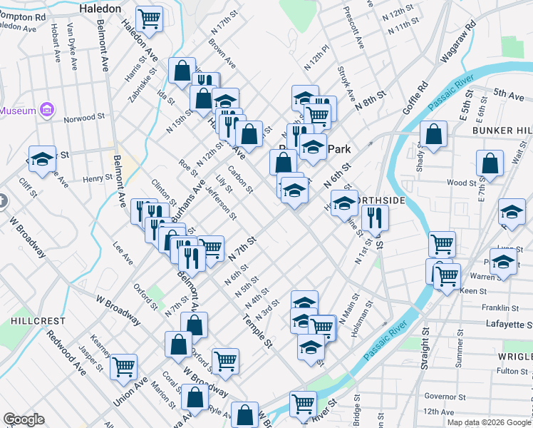 map of restaurants, bars, coffee shops, grocery stores, and more near 119 Carbon Street in Paterson