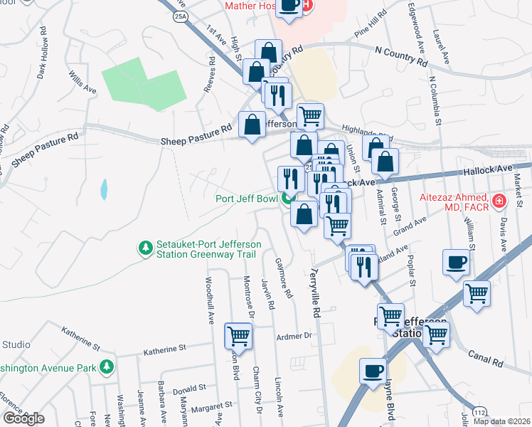 map of restaurants, bars, coffee shops, grocery stores, and more near 8 Radburn Lane in Port Jefferson Station