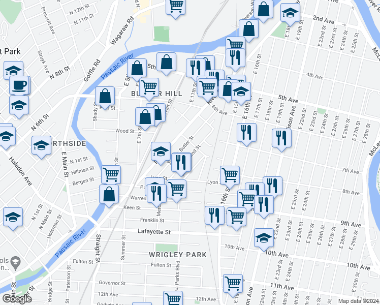 map of restaurants, bars, coffee shops, grocery stores, and more near 84 Highland Street in Paterson