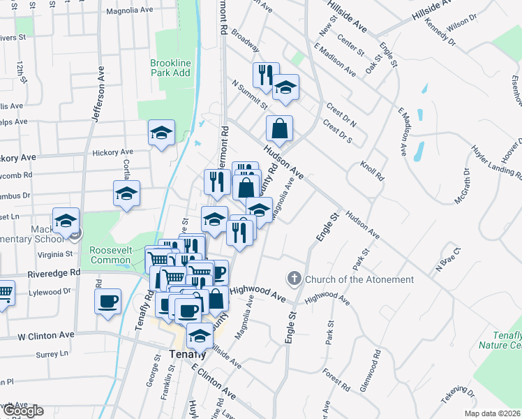 map of restaurants, bars, coffee shops, grocery stores, and more near 194 County Road in Tenafly