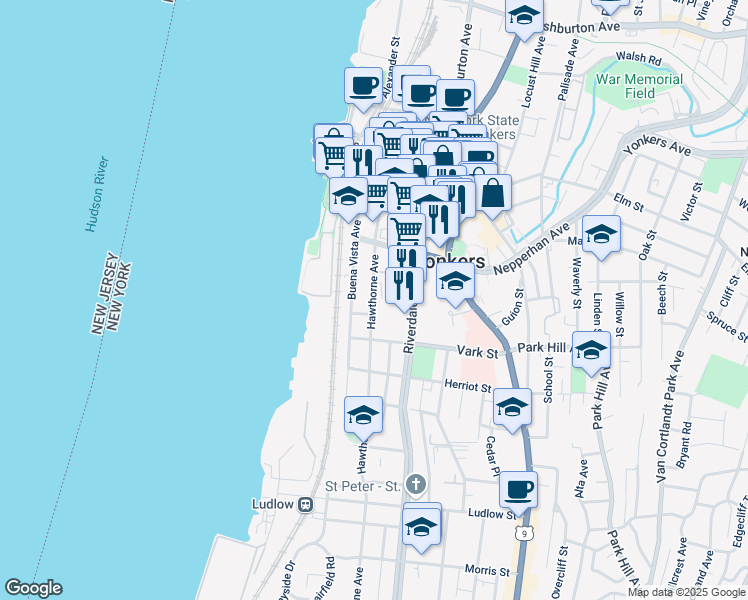 map of restaurants, bars, coffee shops, grocery stores, and more near 70 Hawthorne Avenue in Yonkers