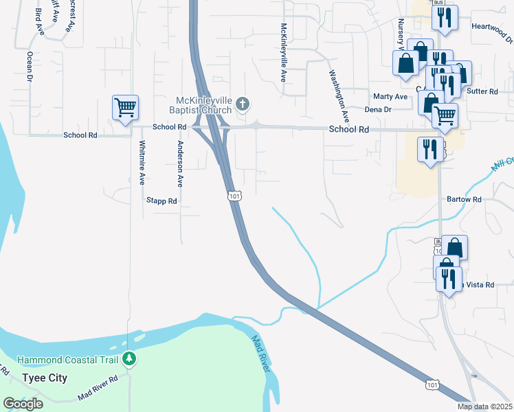 map of restaurants, bars, coffee shops, grocery stores, and more near 1450 Green Acres Street in McKinleyville