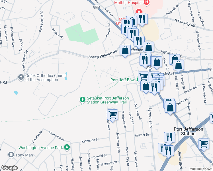 map of restaurants, bars, coffee shops, grocery stores, and more near 57 Piedmont Drive in Port Jefferson Station