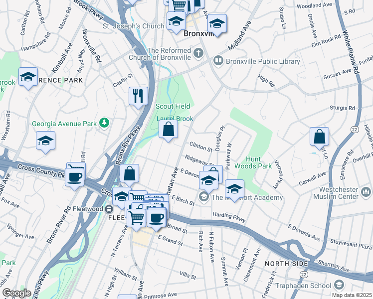 map of restaurants, bars, coffee shops, grocery stores, and more near 743 Gramatan Avenue in Mount Vernon