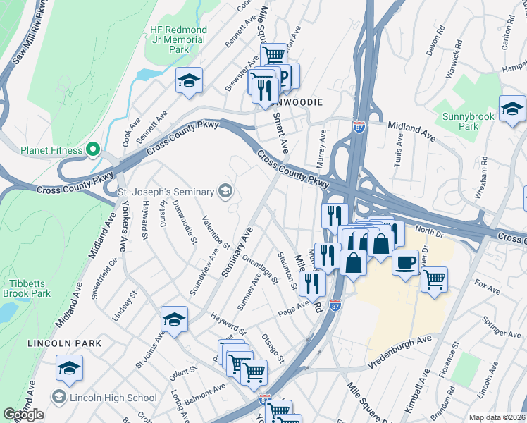 map of restaurants, bars, coffee shops, grocery stores, and more near 720 Mile Square Road in Yonkers