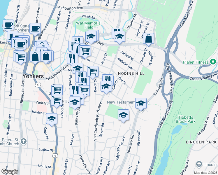 map of restaurants, bars, coffee shops, grocery stores, and more near 55 Van Cortlandt Park Avenue in Yonkers
