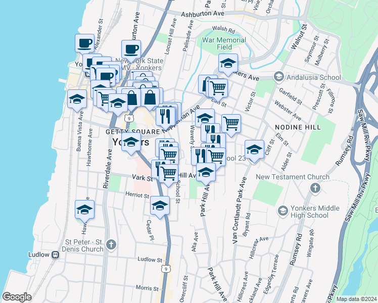 map of restaurants, bars, coffee shops, grocery stores, and more near 55 School Street in Yonkers