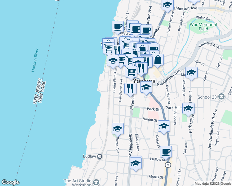 map of restaurants, bars, coffee shops, grocery stores, and more near 137 Buena Vista Avenue in Yonkers