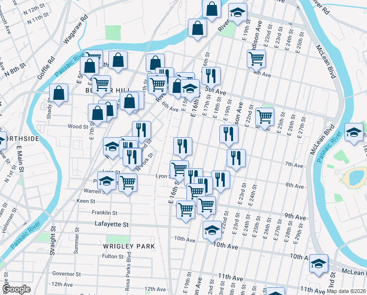 map of restaurants, bars, coffee shops, grocery stores, and more near 210 East 16th Street in Paterson