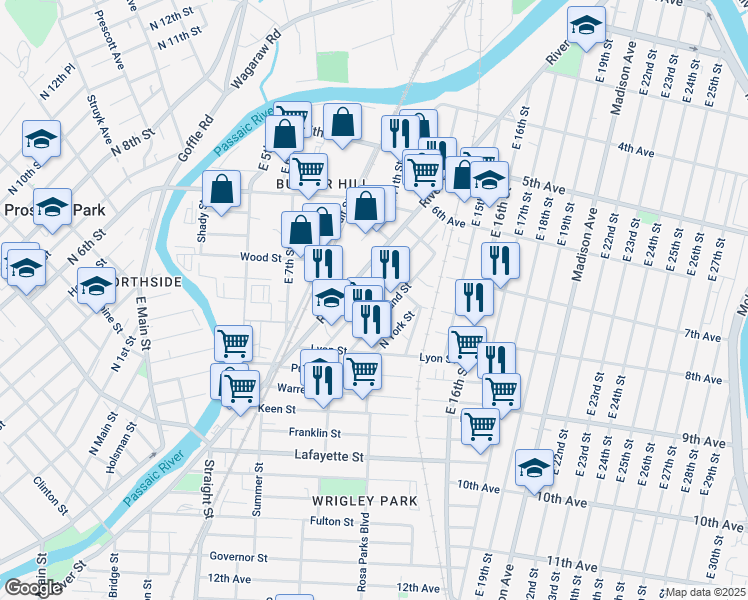 map of restaurants, bars, coffee shops, grocery stores, and more near 133 Butler Street in Paterson